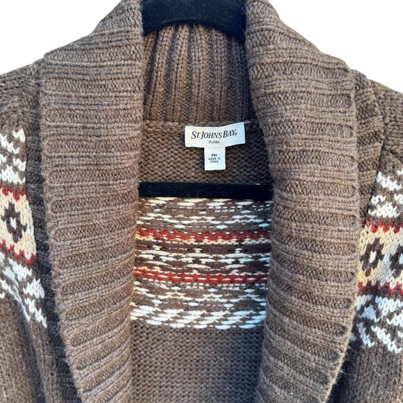 St Johns Bay Womens Shawl Collar Brown Fair Isle Knit Belted Cardigan Sweater PM - Picture 5 of 10